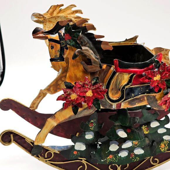 Vintage Metal Rocking Horse Carriage Planter w Poinsettia Accents Holiday Decor - Picture 10 of 10